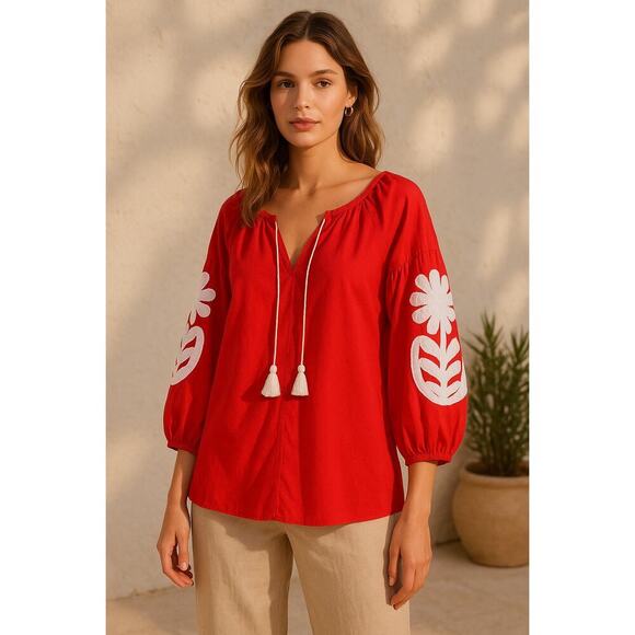 J.CREW Red Peasant Top Floral Appliqué Tassel Tie Boho Blouse - XS - Picture 1 of 15